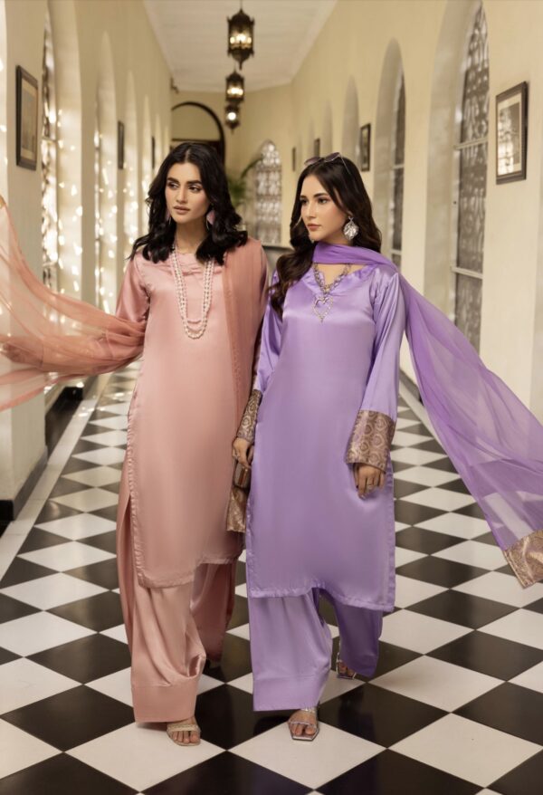 Riva Silk Suit with Farshi Shalwar - Lilac - Image 6