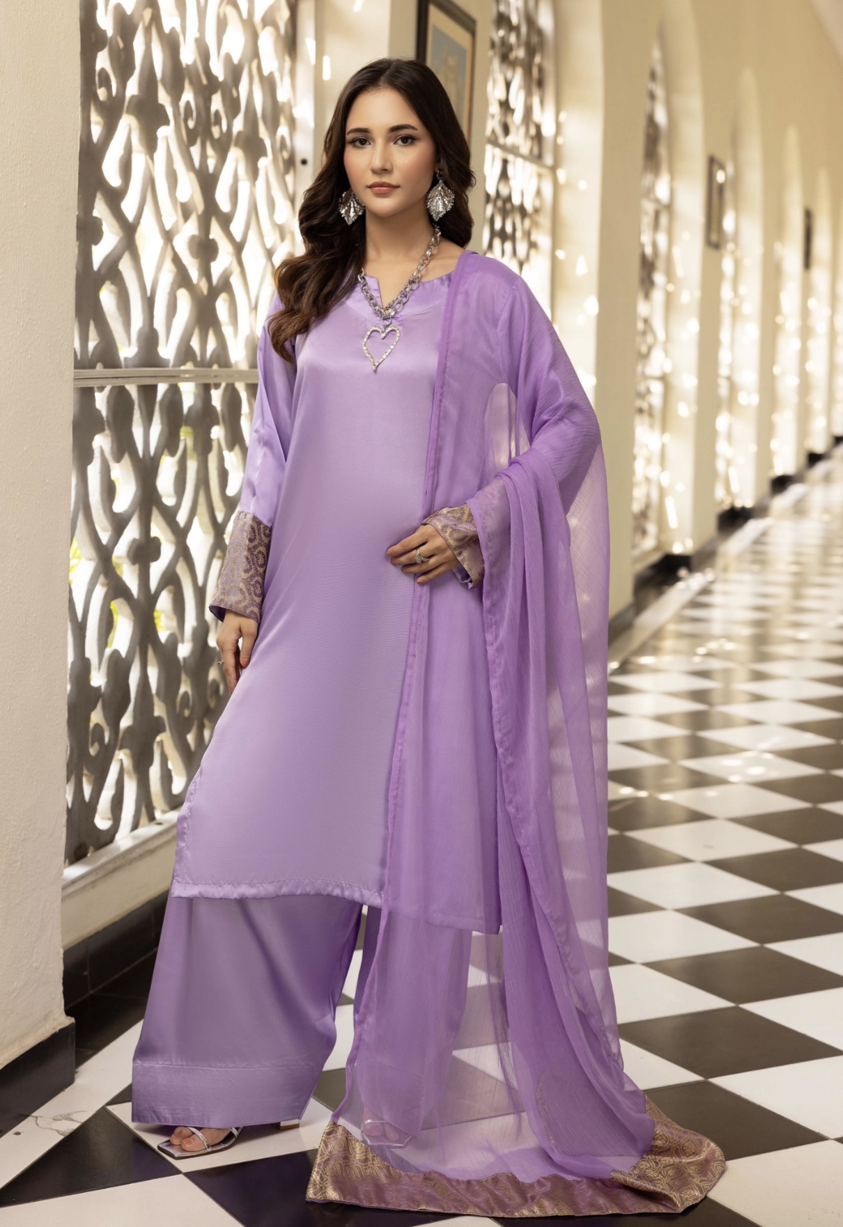 Riva Silk Suit with Farshi Shalwar - Lilac