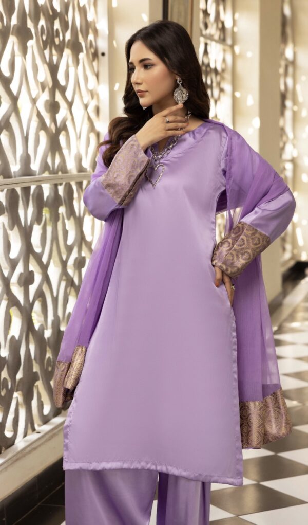 Riva Silk Suit with Farshi Shalwar - Lilac - Image 2