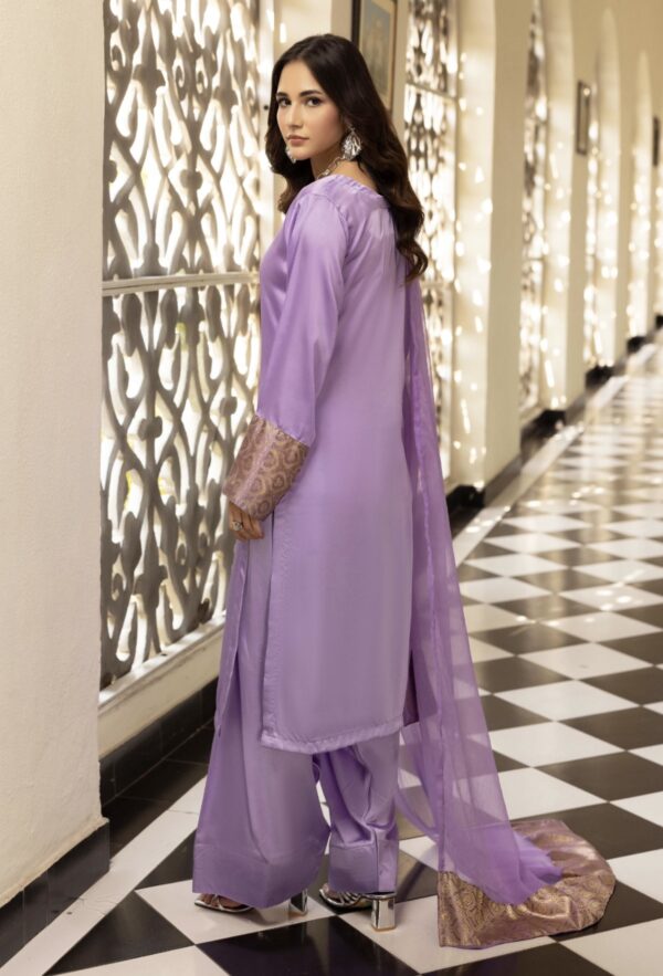 Riva Silk Suit with Farshi Shalwar - Lilac - Image 5