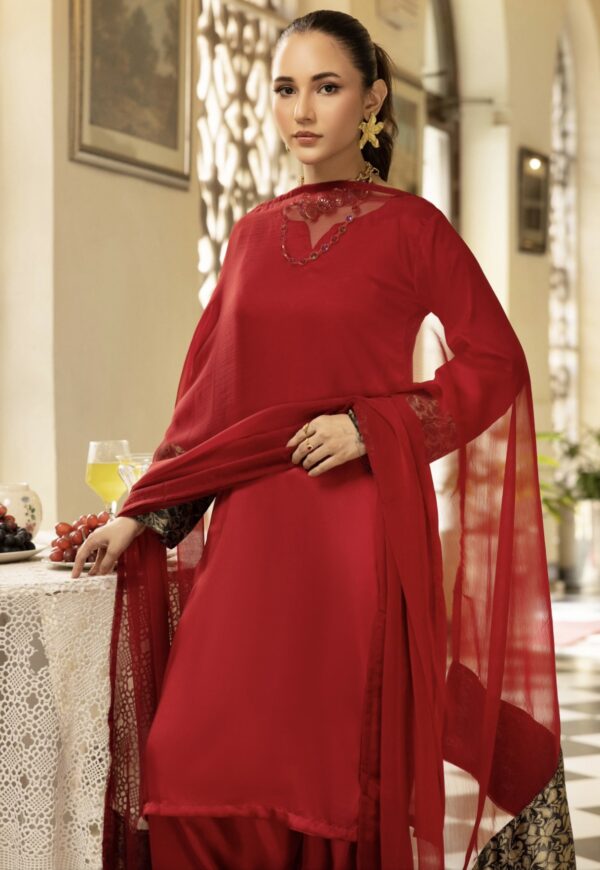 Riva Silk Suit with Farshi Shalwar - Red - Image 2