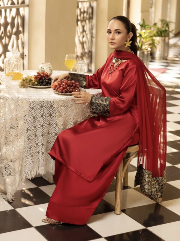 Riva Silk Suit with Farshi Shalwar - Red - Image 3