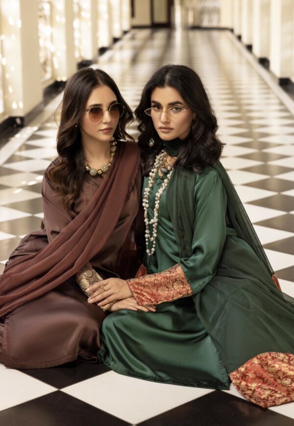 Riva Silk Suit with Farshi Shalwar - Brown - Image 6
