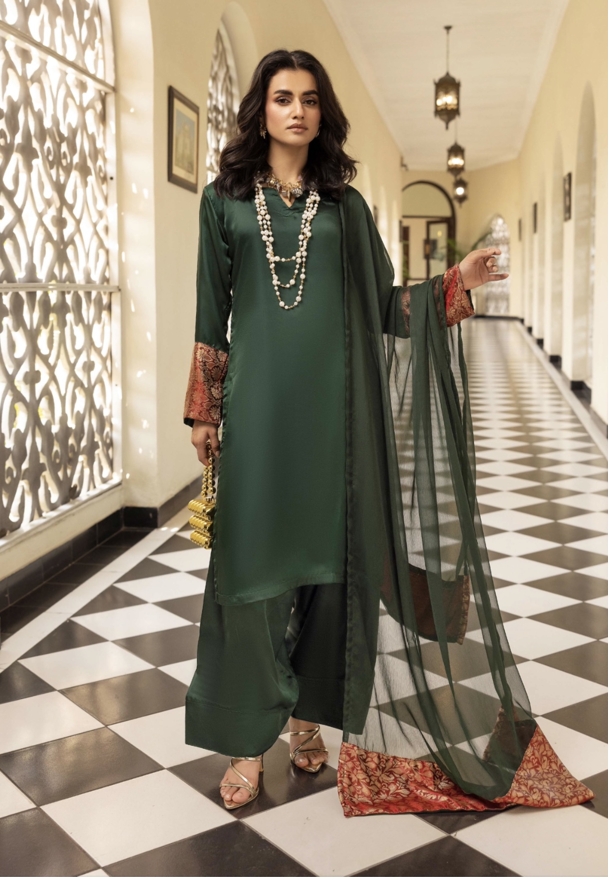 Riva Silk Suit with Farshi Shalwar - Green