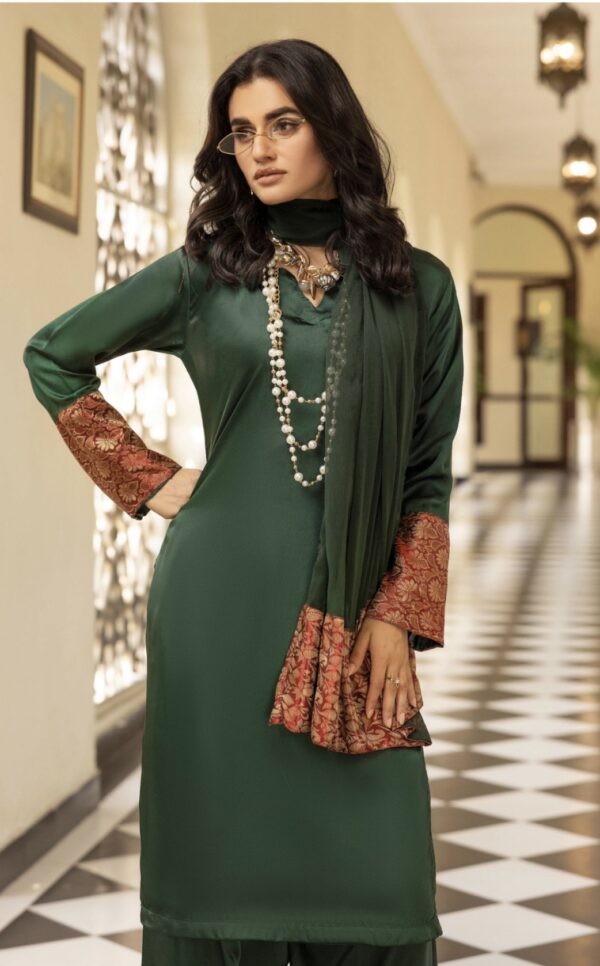 Riva Silk Suit with Farshi Shalwar - Green - Image 2
