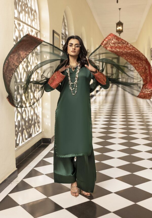Riva Silk Suit with Farshi Shalwar - Green - Image 3