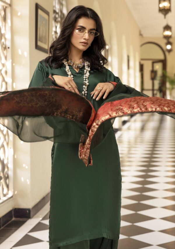 Riva Silk Suit with Farshi Shalwar - Green - Image 4