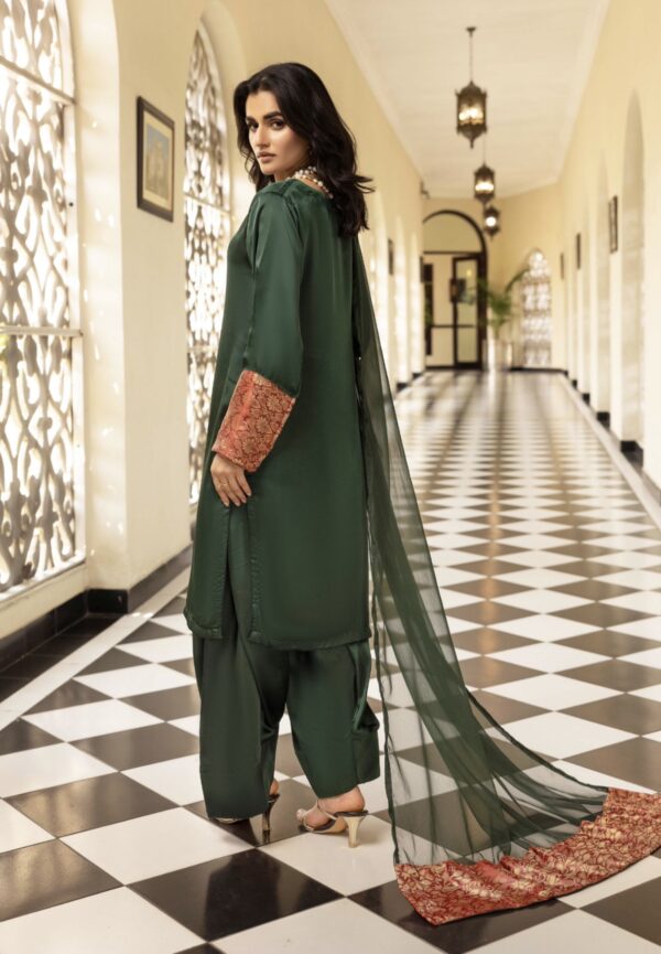 Riva Silk Suit with Farshi Shalwar - Green - Image 5