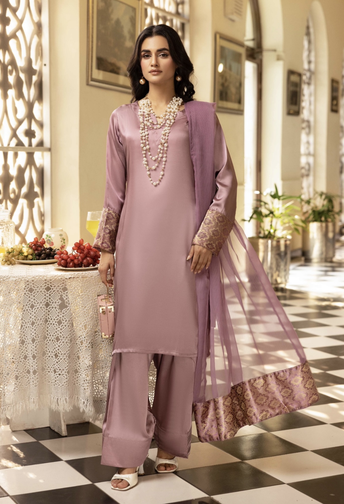 Riva Silk Suit with Farshi Shalwar - Purple