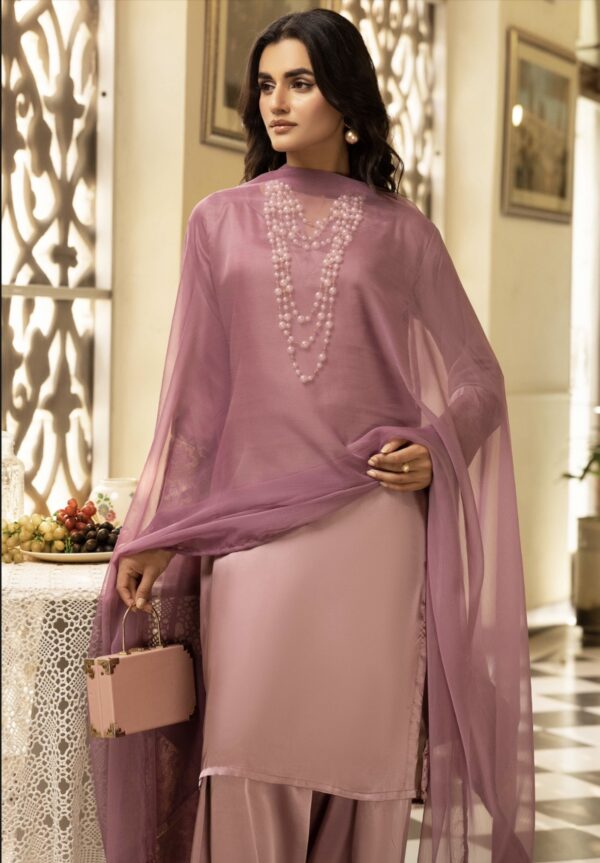 Riva Silk Suit with Farshi Shalwar - Purple - Image 2