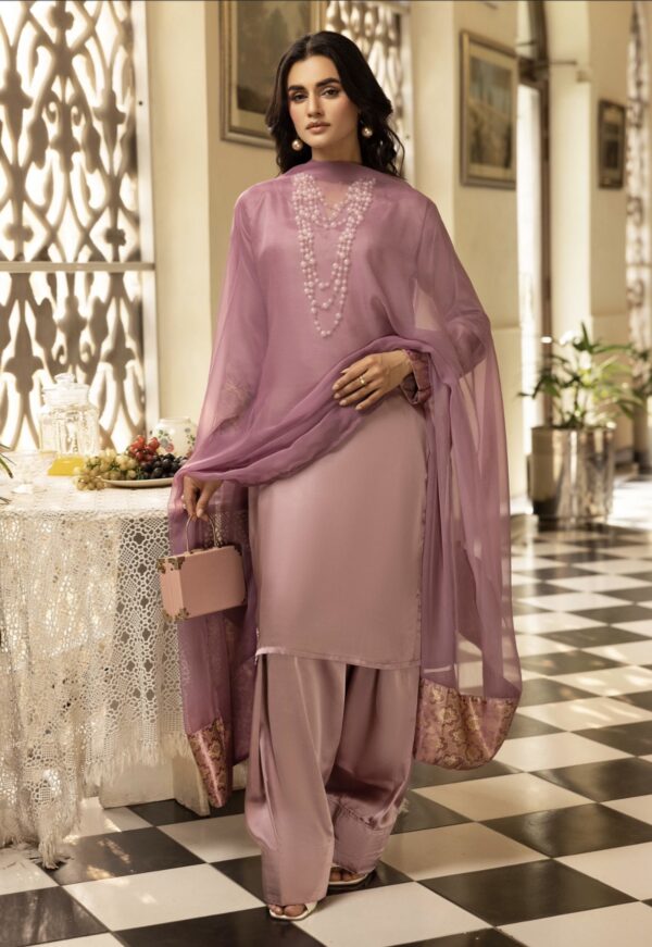 Riva Silk Suit with Farshi Shalwar - Purple - Image 3