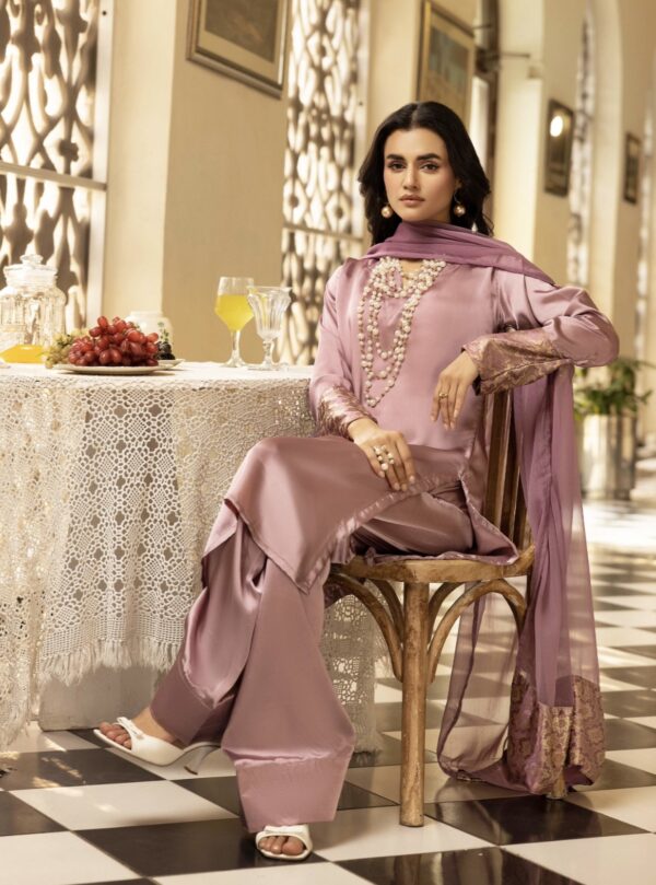 Riva Silk Suit with Farshi Shalwar - Purple - Image 4