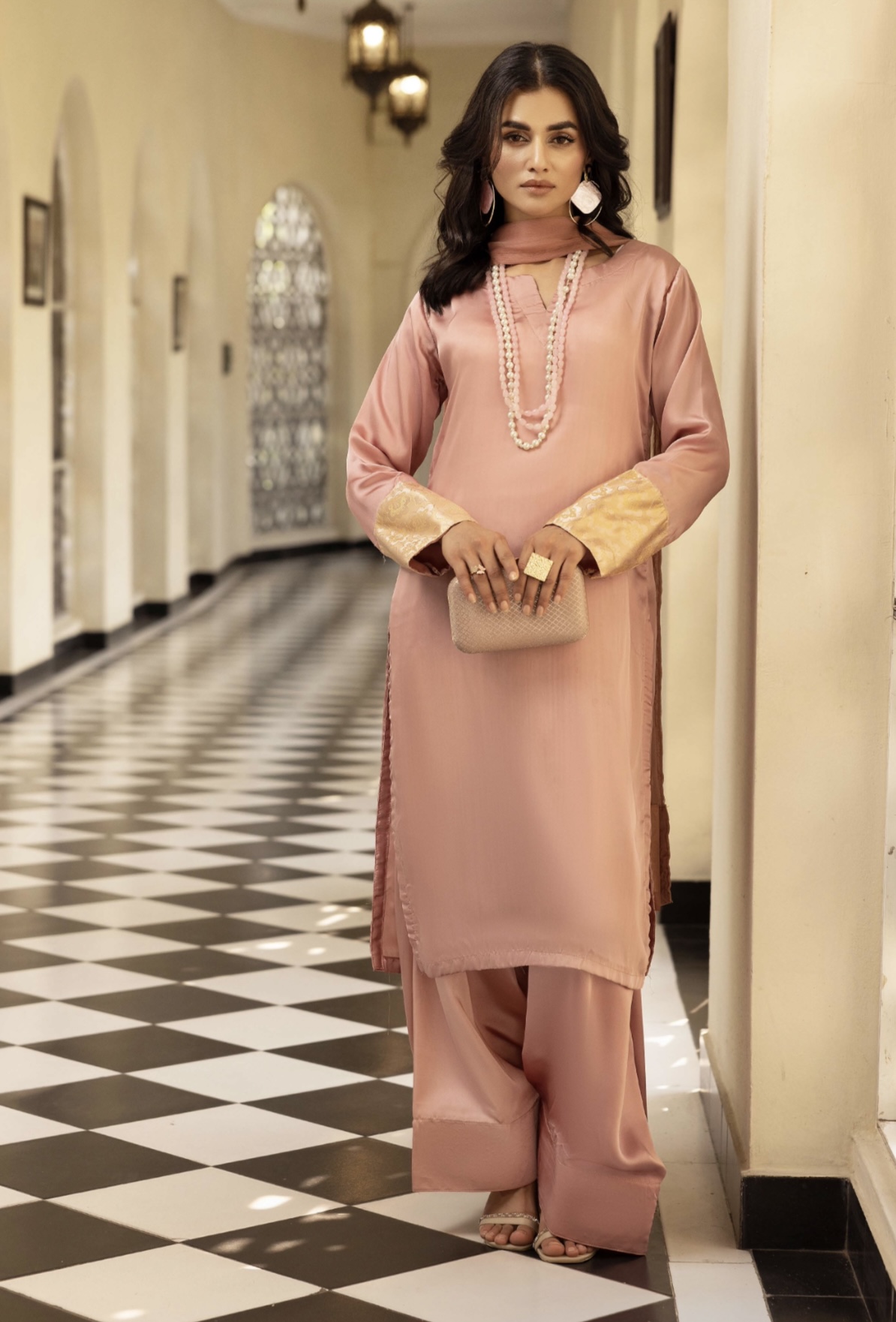 Riva Silk Suit with Farshi Shalwar - Pink