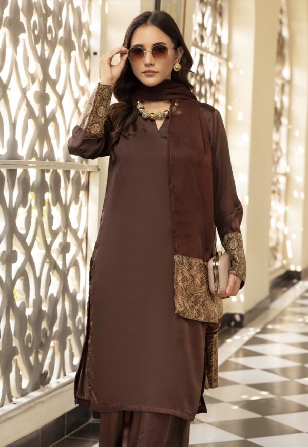 Riva Silk Suit with Farshi Shalwar - Brown - Image 5