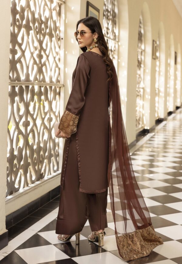 Riva Silk Suit with Farshi Shalwar - Brown - Image 2